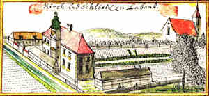 Kirch und Schlössel zu Laband - Zameczek i kościół, widok ogólny